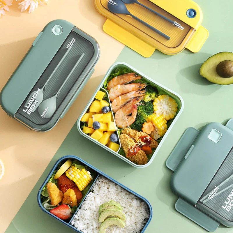 HULIANFU Lunch Box 2 Layers Grids Student Office Worker Microwave Hermetic Bento Box Outdoor Picnic Fruit Food Container with Fork Spoon - Deanwangkt