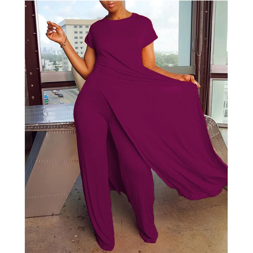 New Arrival Fashion Design two pieces  Sexy Women Set Solid O-neck Long Top  And  Long Pants  Summer  Outfits - Deanwangkt