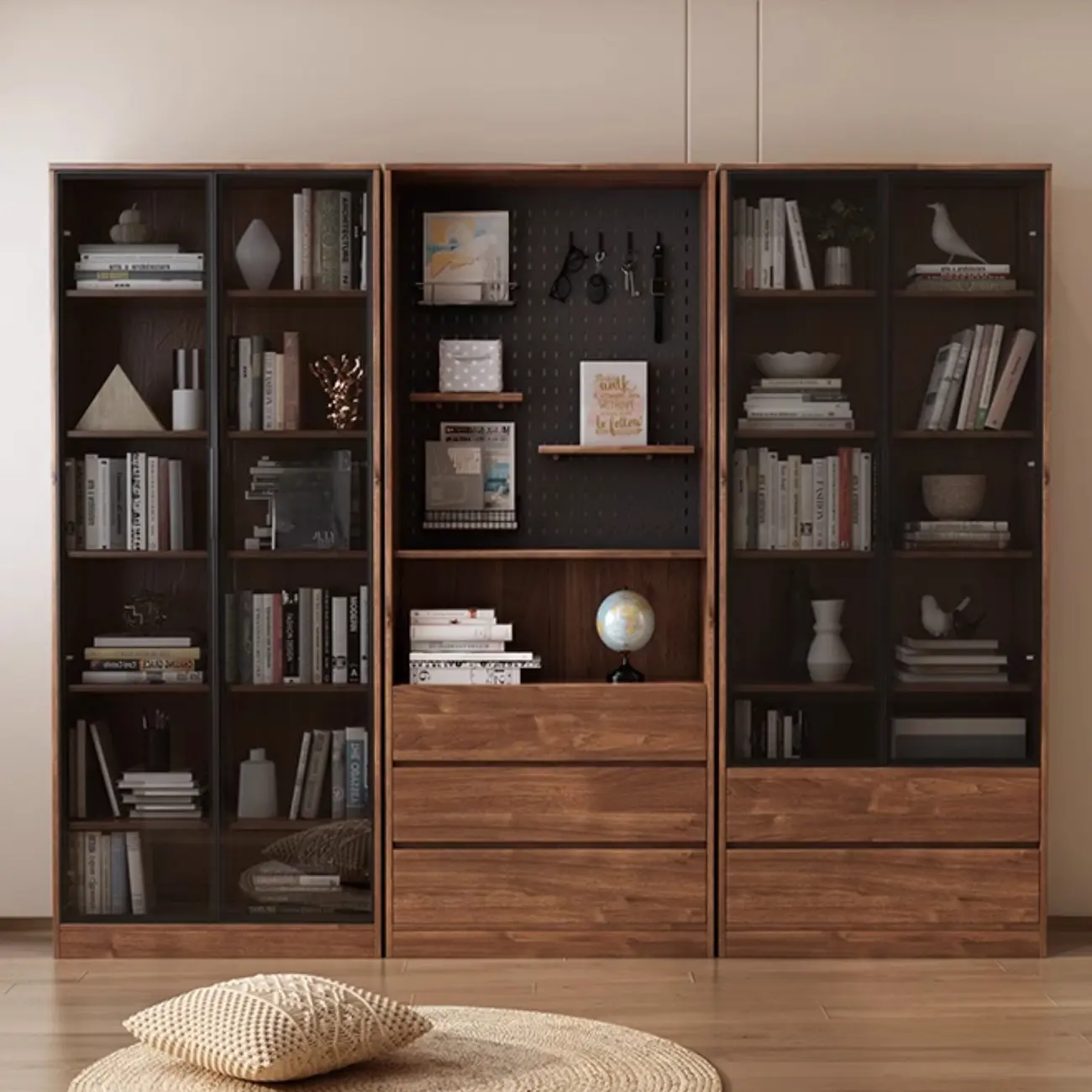 Traditional Brown Pecan Wood Bookcase with Drawers
