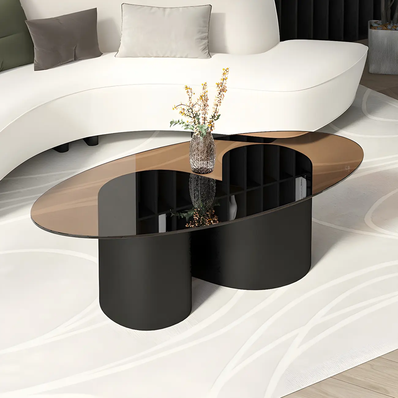 Modern Oval Glass Top Metal Base Coffee Table