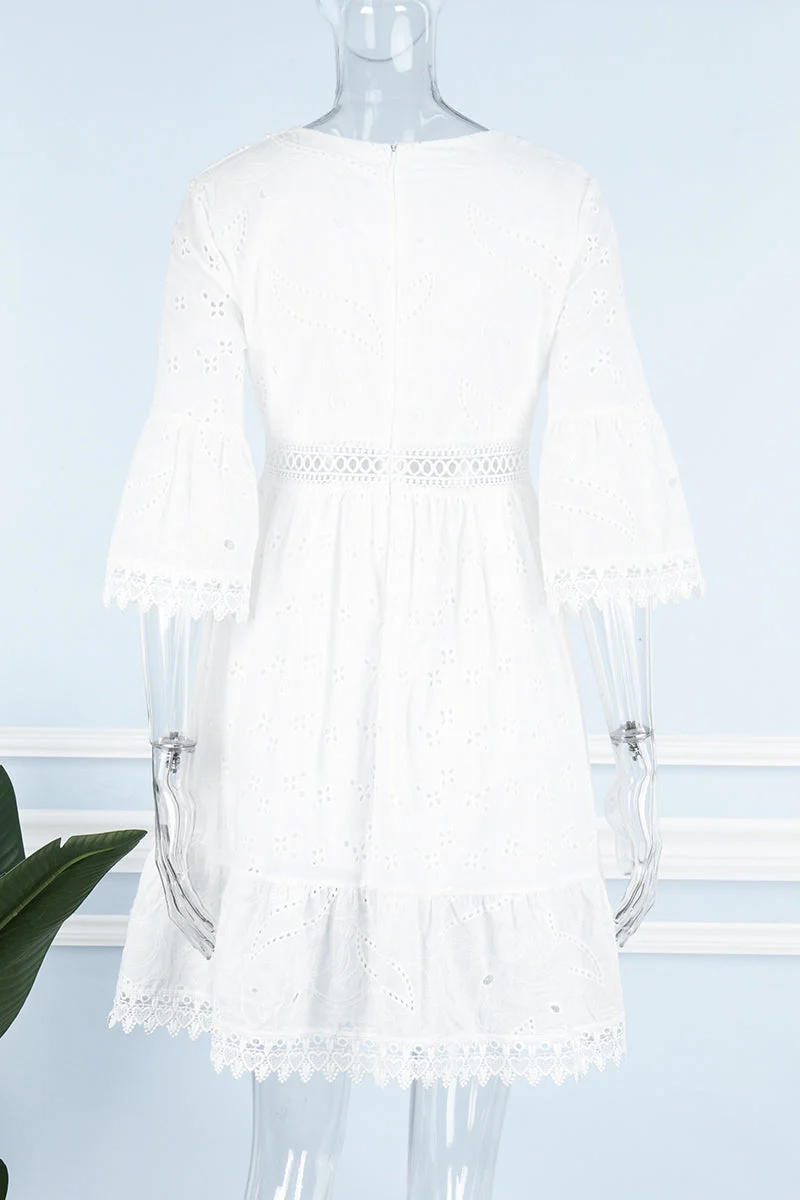 hulianfu - Sweet Elegant Solid Tassel Embroidered Hollowed Out V Neck A Line Dresses - Deanwangkt