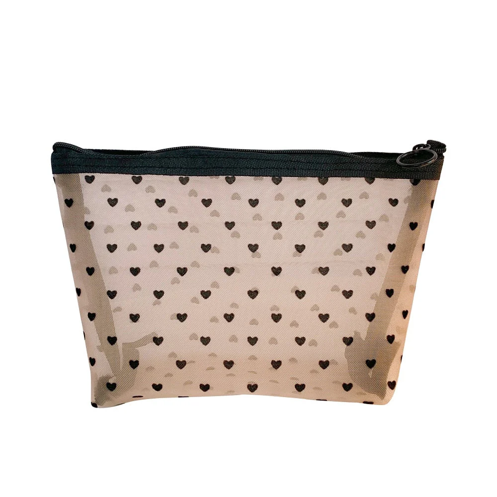 HULIANFU Mesh Cosmetic Makeup Bags Case Holder Cute Transparent Zipper Black Heart Printed Pencil Pen Case Pouch Convenient To Carry - Deanwangkt