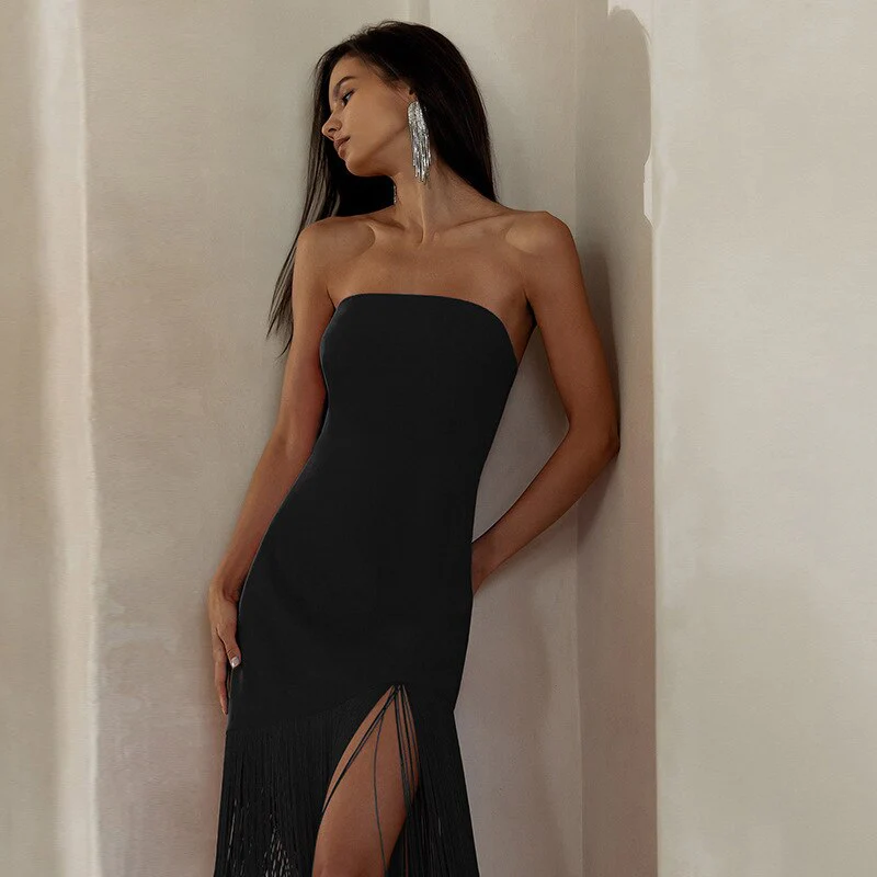 hulianfu Summer Fashion Black Tassel Sexy Tube Top Dress Outfits Women Elegant Evening Party Club Slit Bodycon Mini Dresses  Clothes - Deanwangkt