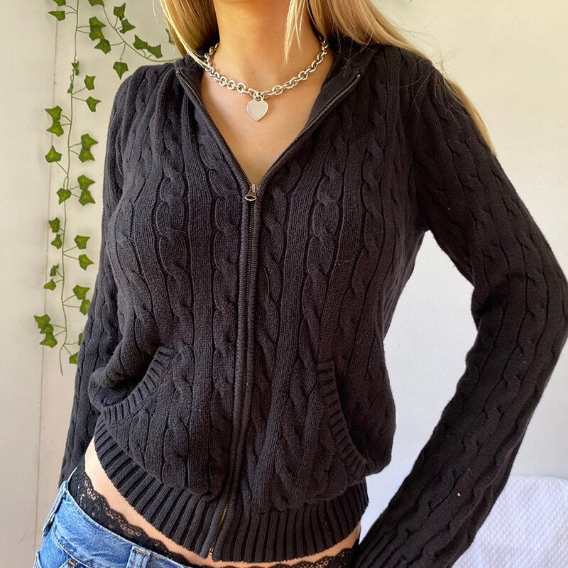 Knitted Sweater Women Hooded Cardigan Cropped Vintage Hoodies Y2K Solid Coat Women Sweater Outwear Long Sleeve Pull Femme - Deanwangkt
