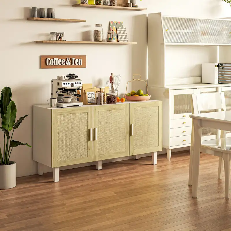 HOMCOM Sideboard Buffet Cabinet, Kitchen Cabinet, Coffee Bar Cabinet with 3 Rattan Doors and Adjustable Shelves
