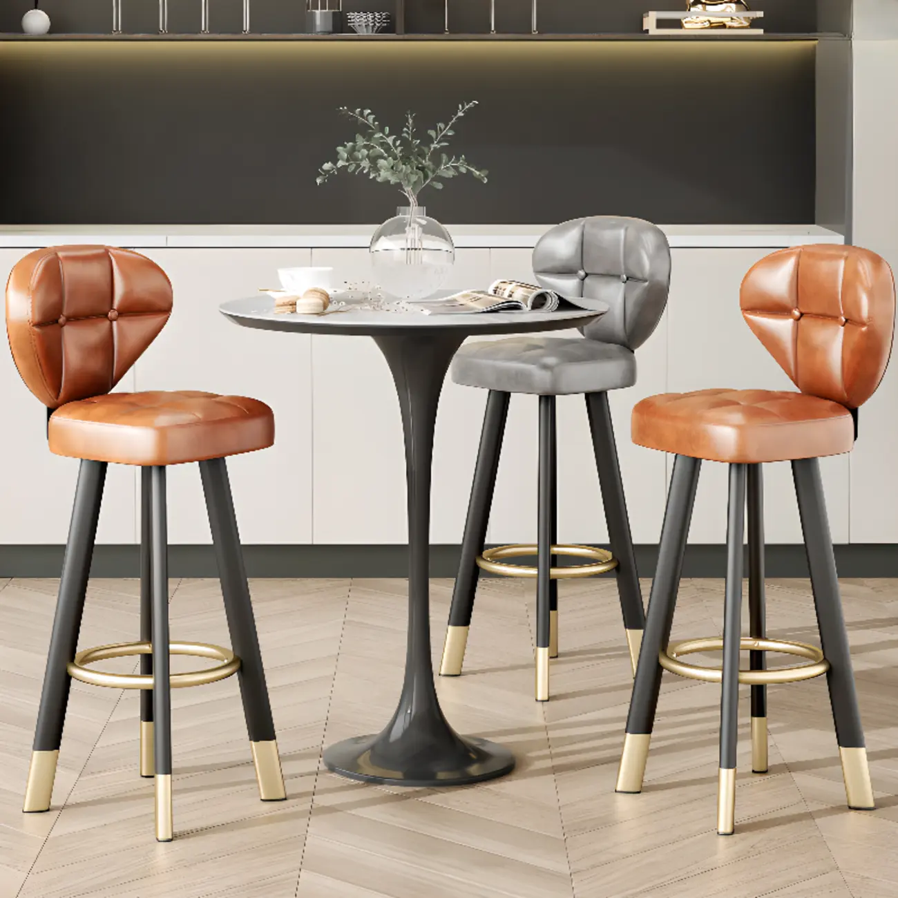Modern Tufted Counter Height Bar Stools with Metal Footrest