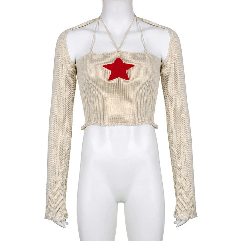 Hulianfu Knit Two Piece Set Y2K Star Crop Top And Bolero Cardigan Women Sexy Night Club Festival Outfit Knitwear Co ord Set White Green - Deanwangkt