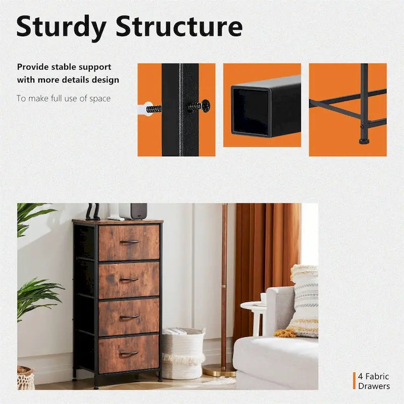 Dresser for Bedroom with 4 Fabric Drawers, Tall Chest Organizer Units for Clothing, Closet, Kidsroom, Storage Tower with Cabinet