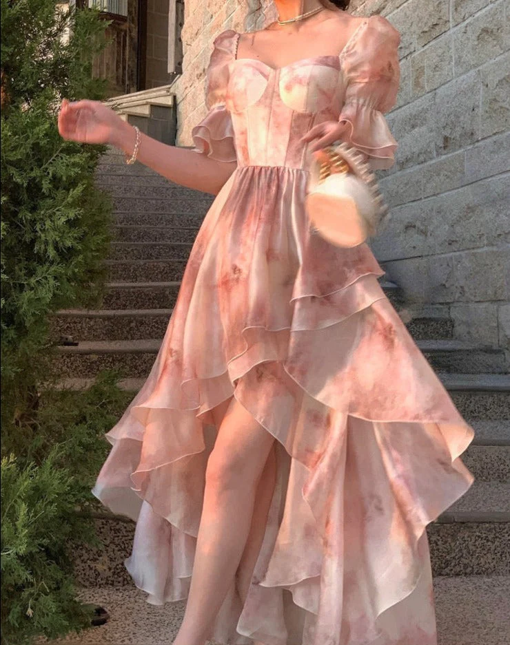 Hulianfu Floral Summer Dress New Fashion Fairycore Puff Sleeve Ball Gown Birthday Dress for Women Short Sleeves Midi Dress - Deanwangkt
