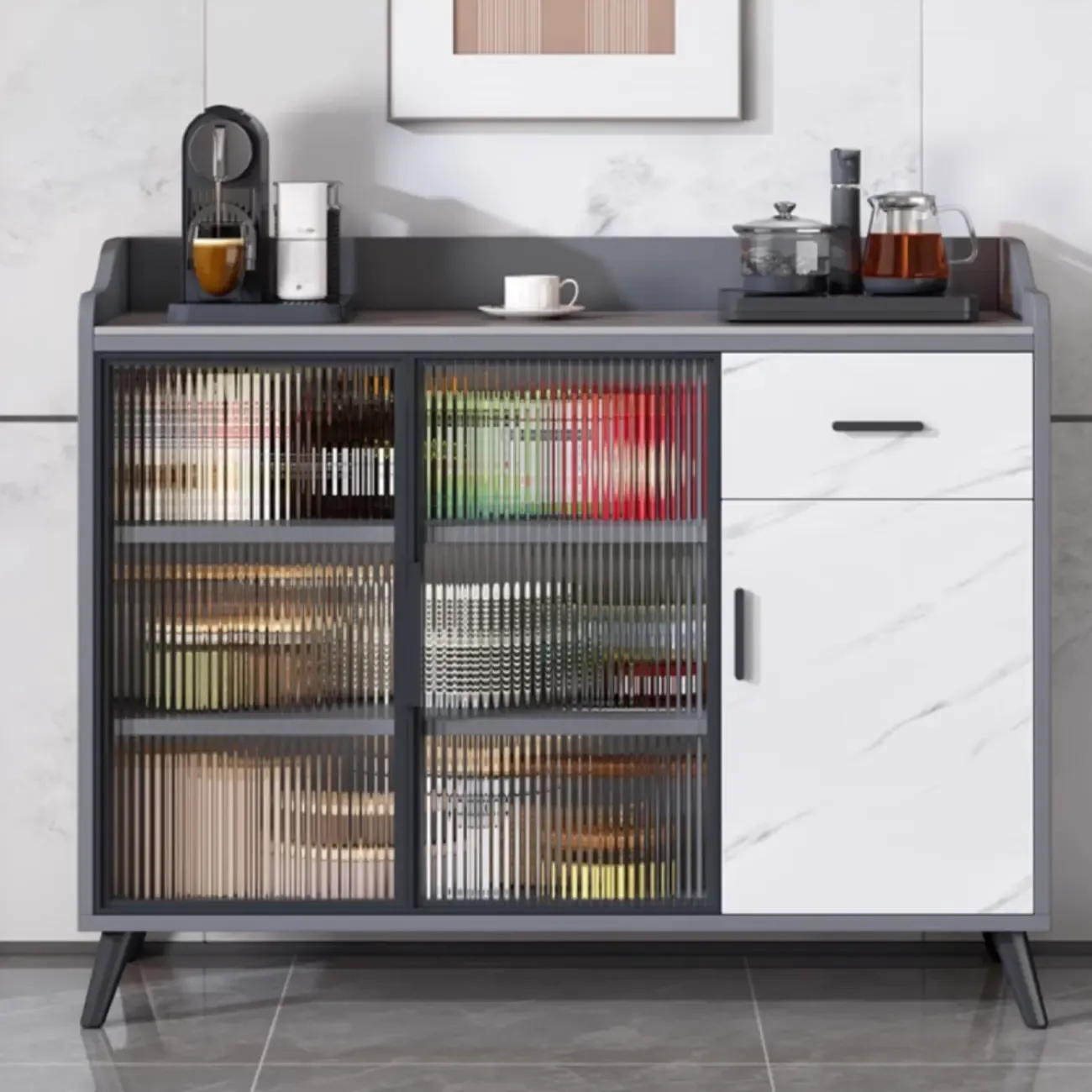 Modish Multi-Compartment Stone-Top Wood Buffet Cabinet