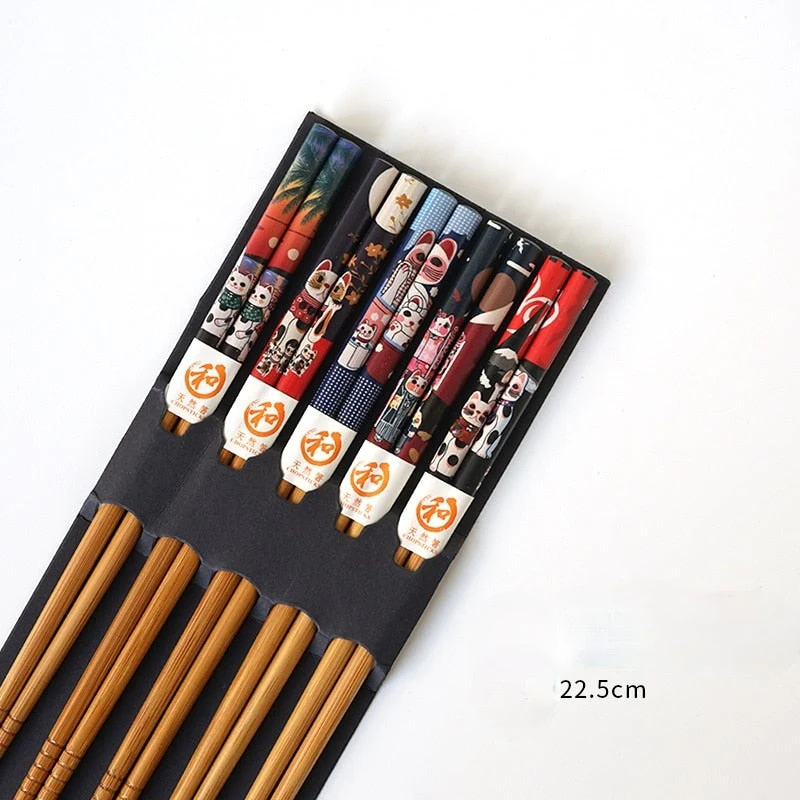 HULIANFU Reusable 5 Pair Set Handmade Bamboo Japanese Natural Wood Chopsticks Sushi Food Cat Flower Multi color Wooden Chop sticks - Deanwangkt