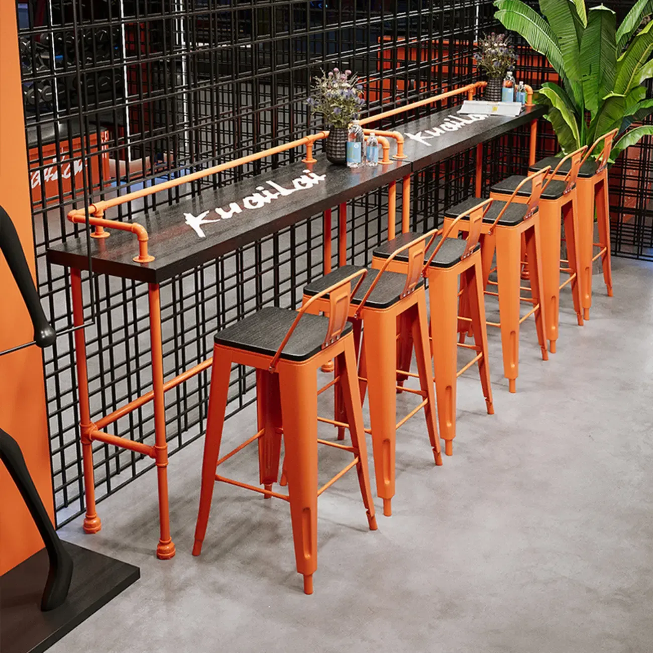 Industrial Black Hardwood Top Bar Tables with Orange Frame