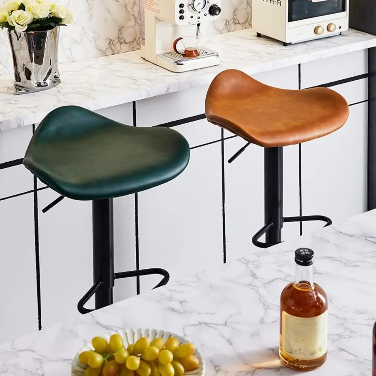 Modern Green Saddle Fax Leather Adjustable Swivel Bar Stools