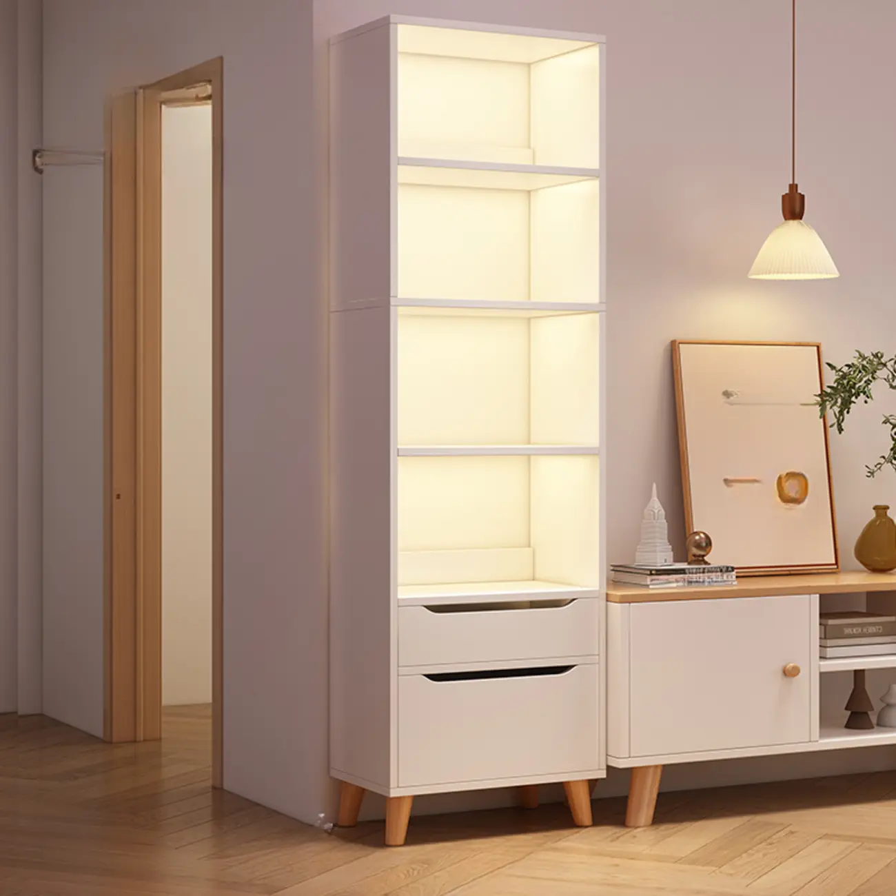 Tall Gray 4-Tier Open Back Wood Bookshelf with Drawer