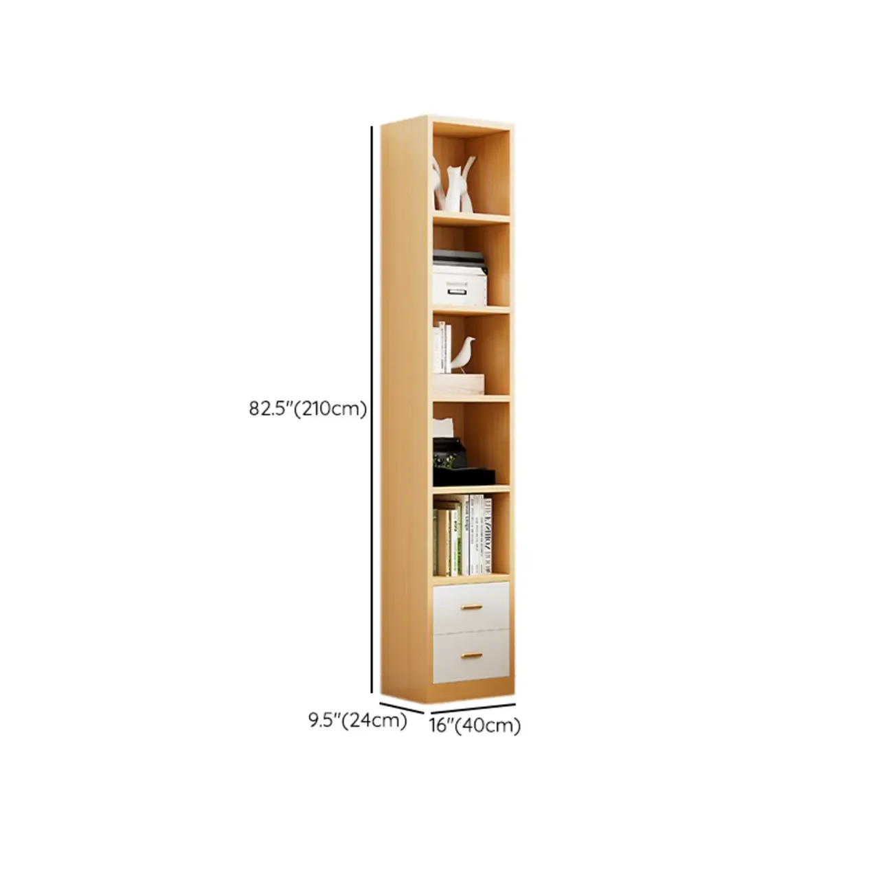 Natural Finish Narrow 6 Shelves Wooden Bookcase with Drawer