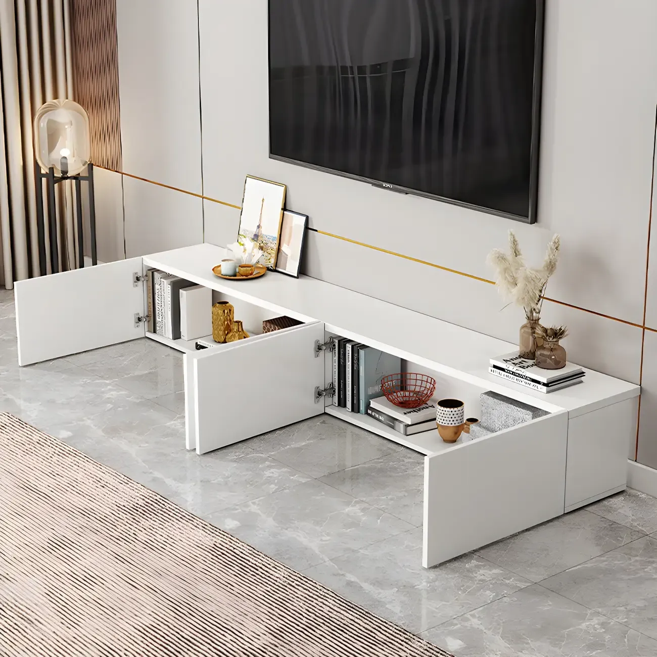 63 White Wooden Cable Management TV Stand with Drawers