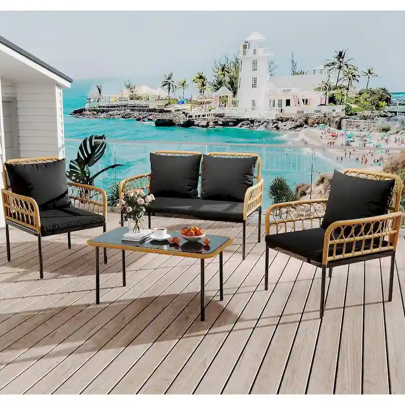 4-Piece Patio Rattan Wicker Furniture Set with Glass Coffee Table for Balcony