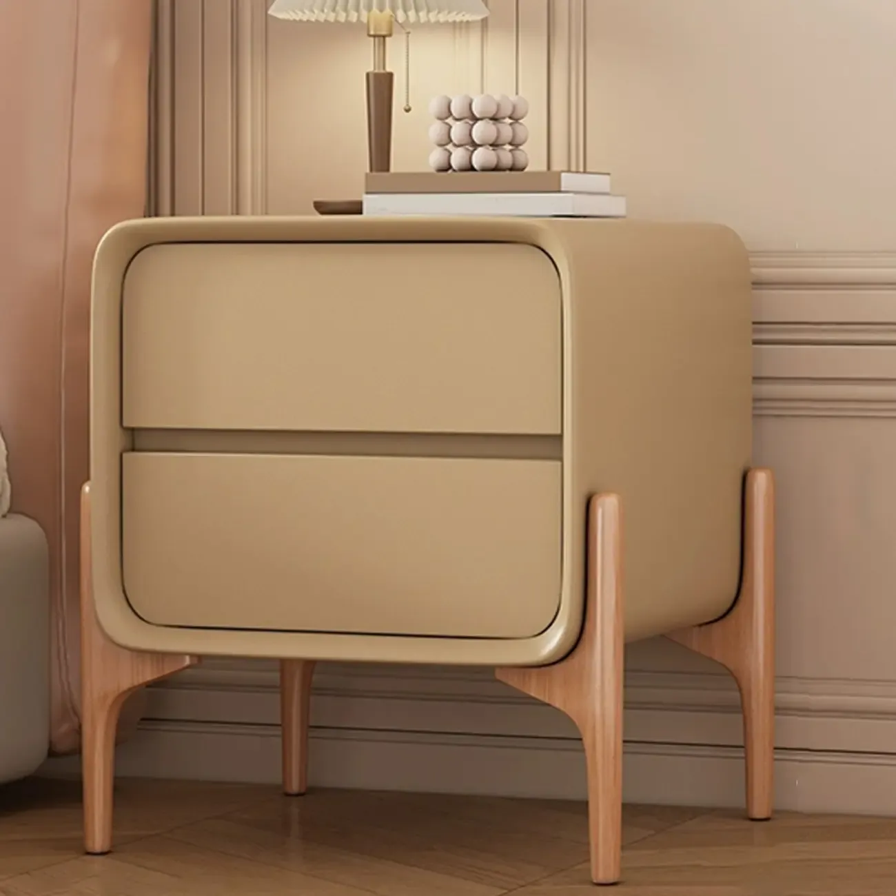 Simple Curved Wooden Faux Leather 2 Drawer Nightstand