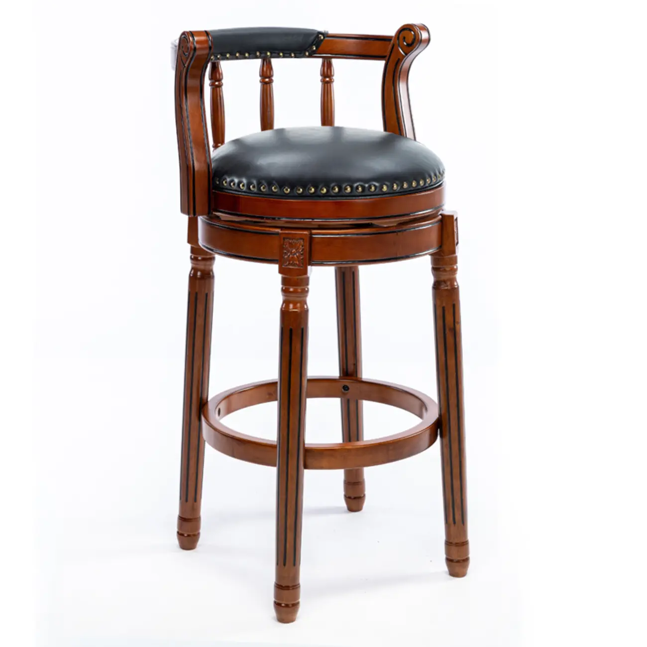 Swivel Counter Height Bar Stools in Genuine Leather & Walnut Solid Wood