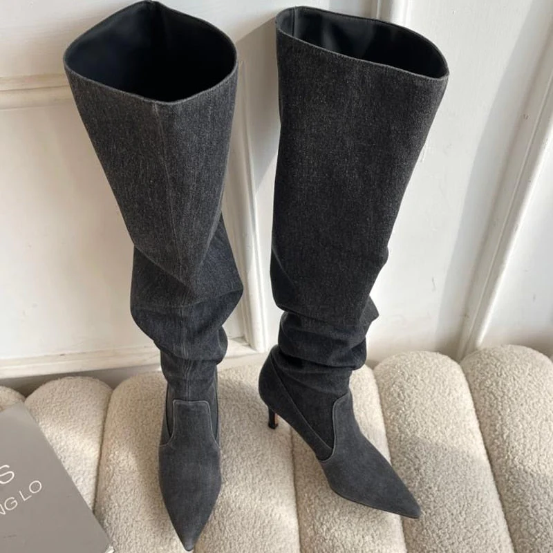Pleated High Heels Denim Boots for Women  Autumn Jeans Knee High Cowboy Boots Woman Blue Thin Heeled Long Botas Feminina - Deanwangkt