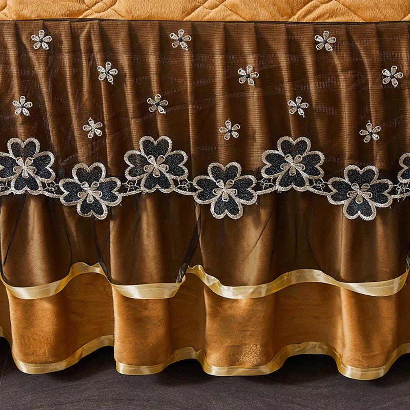 HULIANFU Luxury Super Soft Crystal Velvet Fleece Lace Ruffles Quilted Bed Skirt Mattress Cover Bedspread Pillowcase Bedding Home Textiles - Deanwangkt