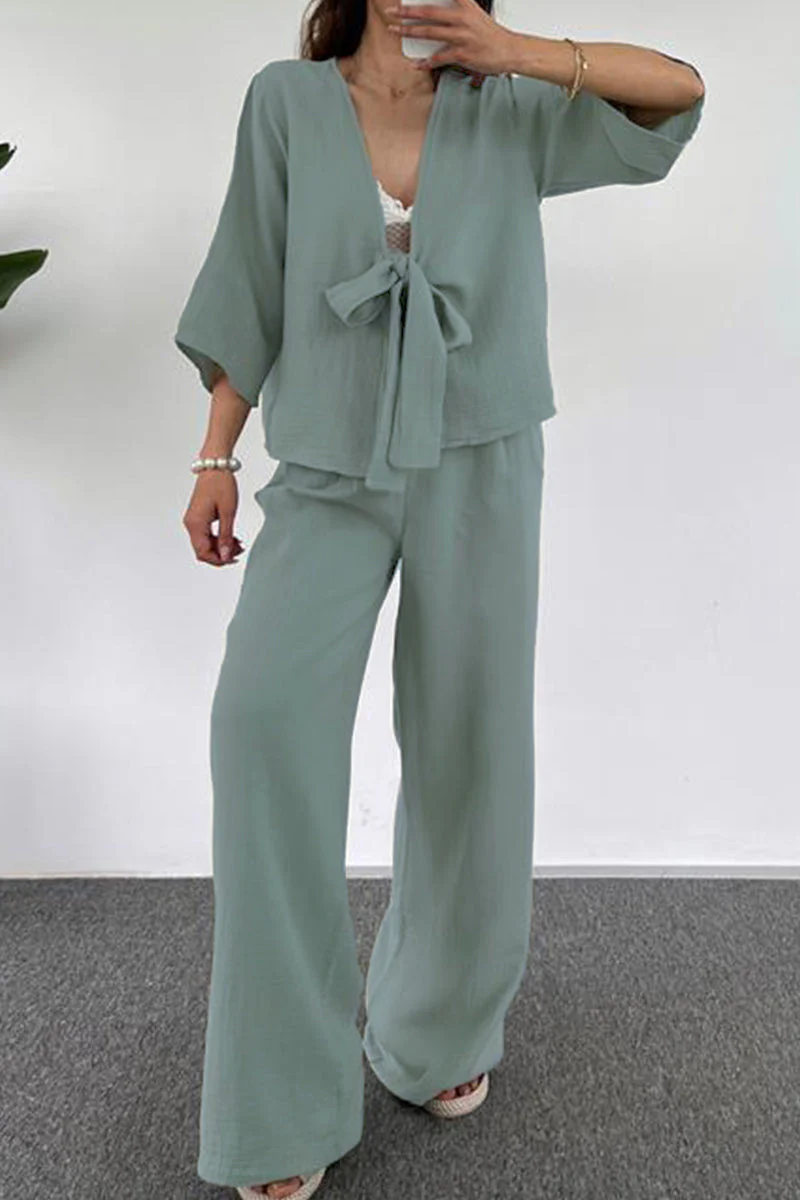 hulianfu Casual Simplicity Solid Pocket V Neck Three Quarter Two Pieces(3 Colors) - Deanwangkt