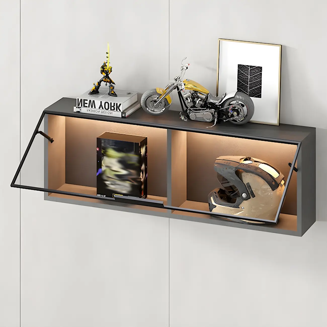 Black Wall Mount Wood 2-Cube Display Cabinet with Light