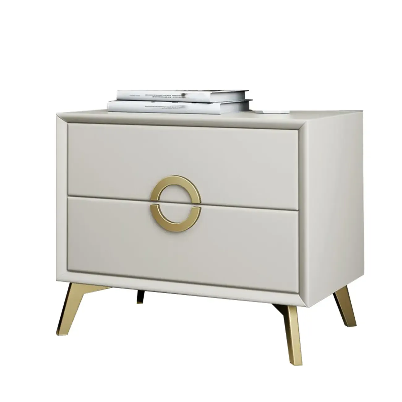 Chic Khaki Leather Gold Accents 2-Drawer Nightstand