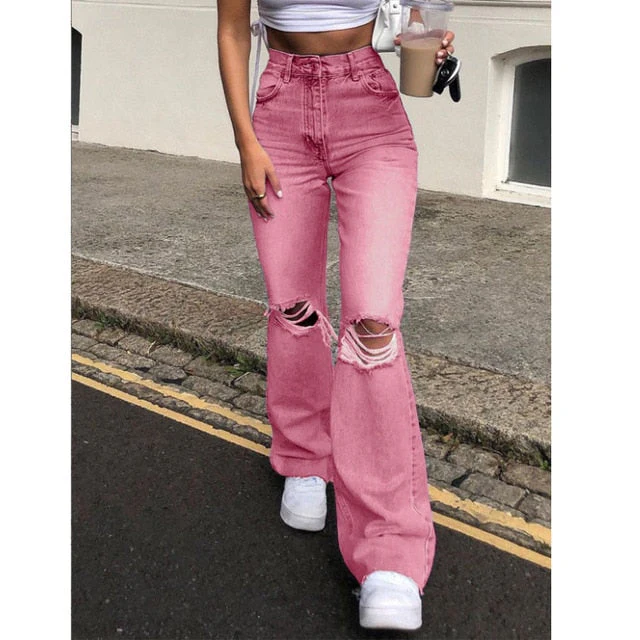 Hulianfu new style micro-bladed jeans women's ripped European and American high-waisted wide-leg flared trousers all-match loose - Deanwangkt