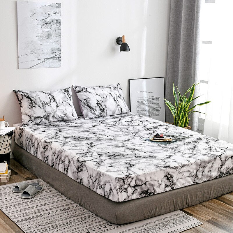 HULIANFU Nordic Mirco Fiber Marble Print Fitted Bed Sheet Single Elastic Band Double Bed Linen Home Soft Comfortable King Size Bedsheet - Deanwangkt