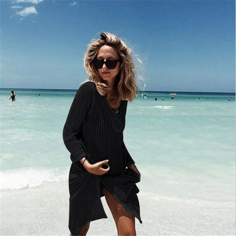 Sexy Beach Wear Cover Up Sleeveless Hollow Dress Crochet Knitted Woman Swimwear Bikini Cover Up Hand Made Beach Dresses - Deanwangkt