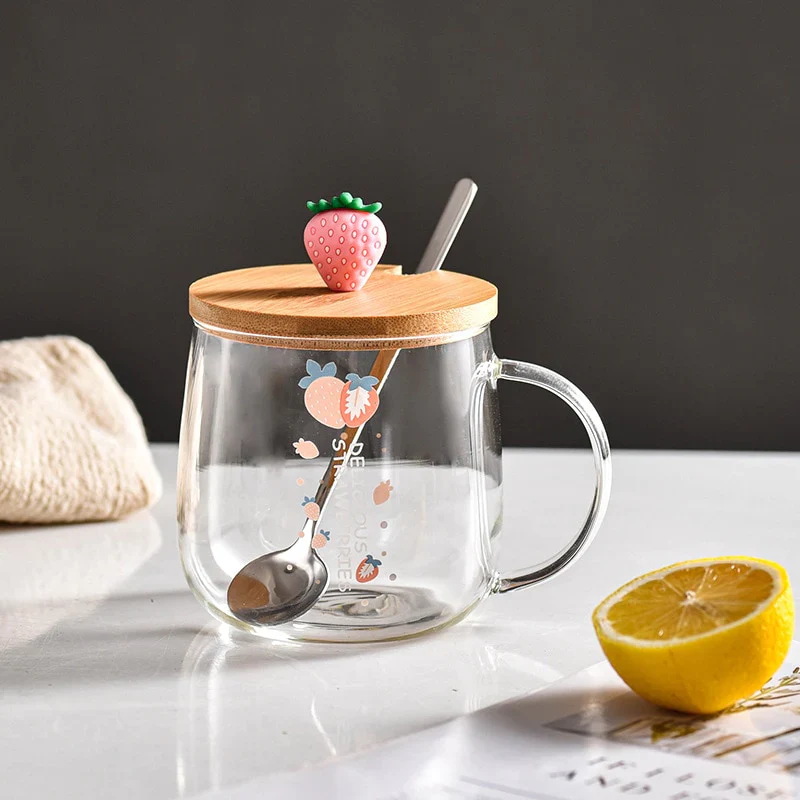 HULIANFU Novelty 3d Lid Cartoon Strawberry Cute Water Glass Transparent Milk Juice Drinkware Cup Mug Drinking Borosilicate Glasses Coffee - Deanwangkt