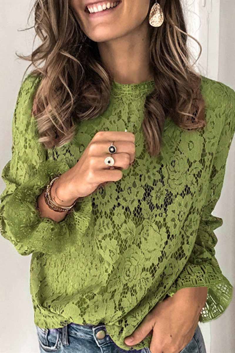 hulianfu hulianfu Long Sleeve Openwork Lace Blouse(5 Colors) - Deanwangkt