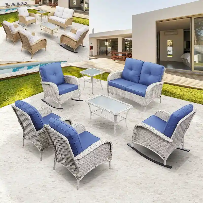Gymojoy 7PCS Outdoor Loveseat Sofa Table Rocking Chair Furniture Set