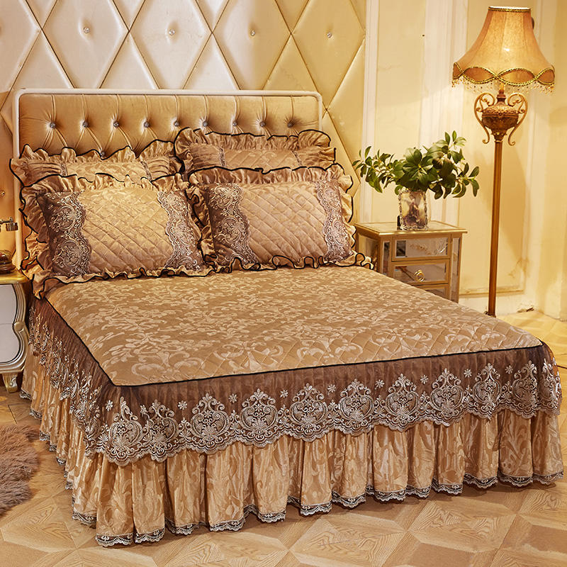 HULIANFU Velvet Warm Quilted Bedding Bed Skirt Pillowcases Home Textile Princess Thick Bedspread Lace Bedsheet Mattress Cover With Cotton - Deanwangkt