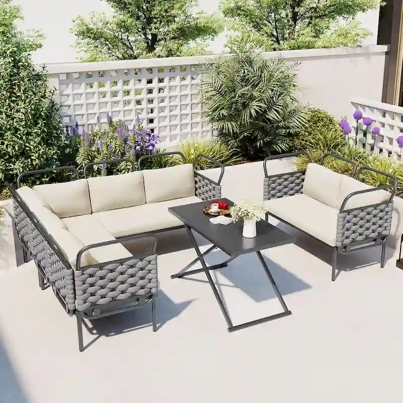 5-Piece Modern Patio Sectional Sofa Set Outdoor Woven Rope Furniture Set with Glass Table and Cushions