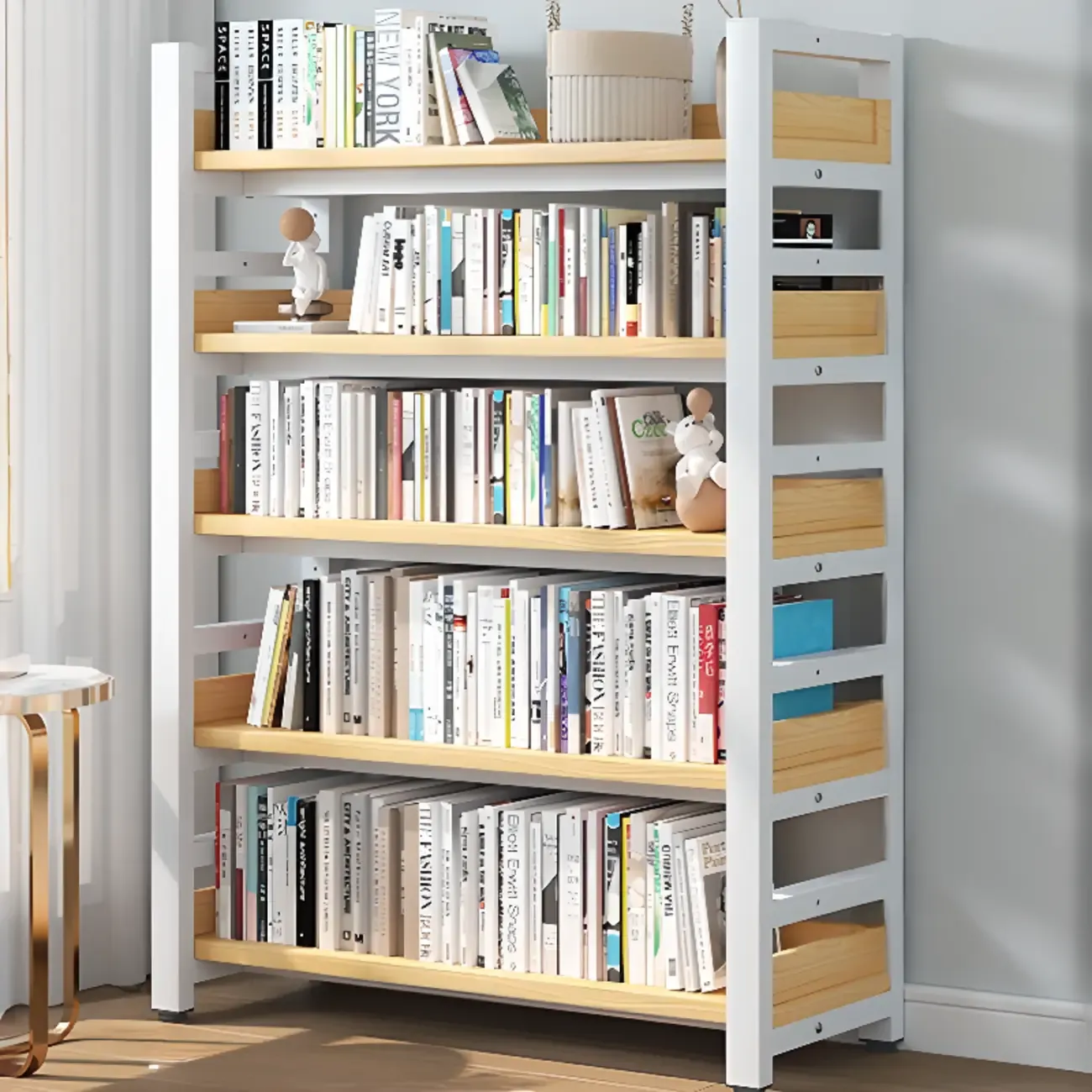 Freestanding Simple Multi-Layer Wood Bookshelf in Steel Frame