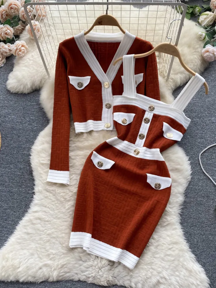 Two Piece Dress Autumn Womens es Knitwear Suits Small Fragrance Knitted Cardigan Coat Suspender Knit Streetwear Sets 221115 - Deanwangkt
