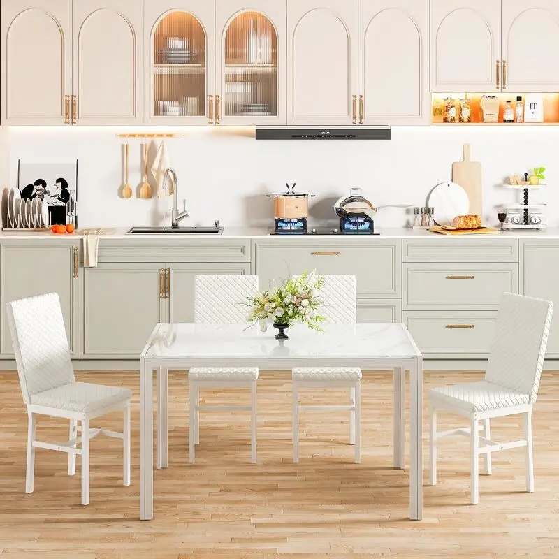 Grondin Modern Style 5-Piece Dining Room Table Set with Tempered Glass Tabletop and 4 Diamond Stitching PU Leather Dining Chairs