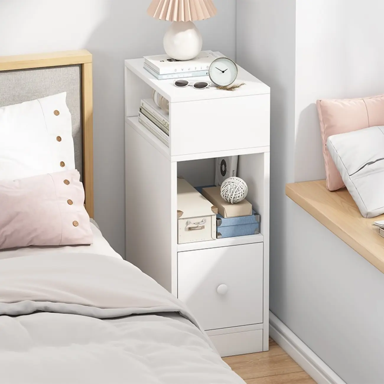 Wood Finish White Narrow Length Multi-Drawers Nightstand