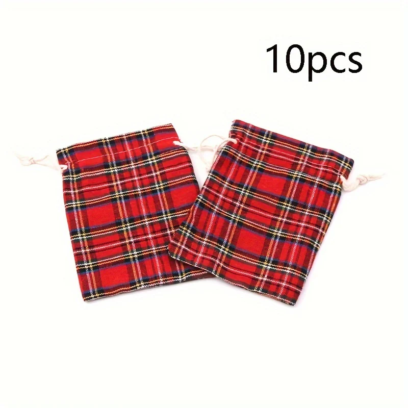 10 Pcs Festive Red Plaid Reusable Cotton Drawstring Bags - Perfect for Wedding, Birthday, Christmas, and More Decorative Occasions - Deanwangkt