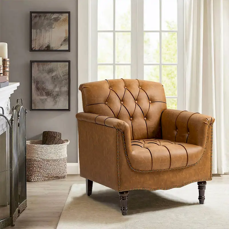 PU Leather Tufted Accent Chair with Nailhead Trim Armchair
