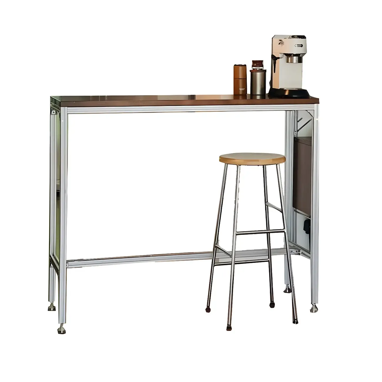 Modern Brown Wood Silver Metal Trestle Bar Tables
