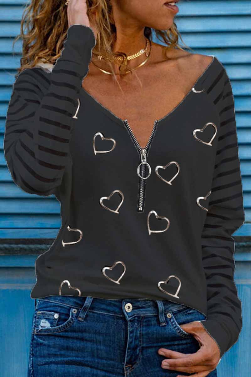 hulianfu Casual Print Patchwork V Neck Tops(4 Colors) - Deanwangkt