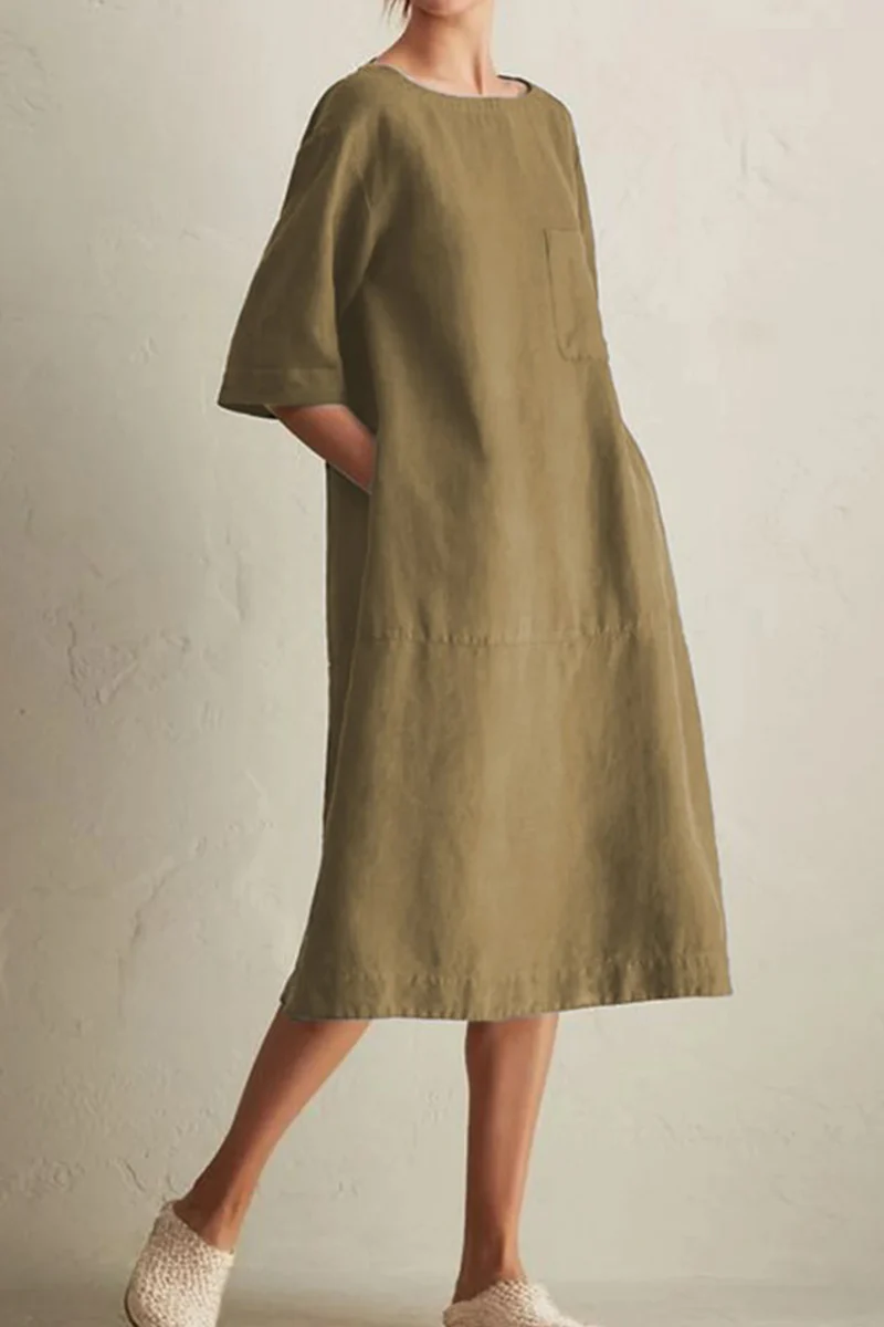 hulianfu - Casual Solid Patchwork Pocket O Neck A Line Dresses(6 Colors) - Deanwangkt