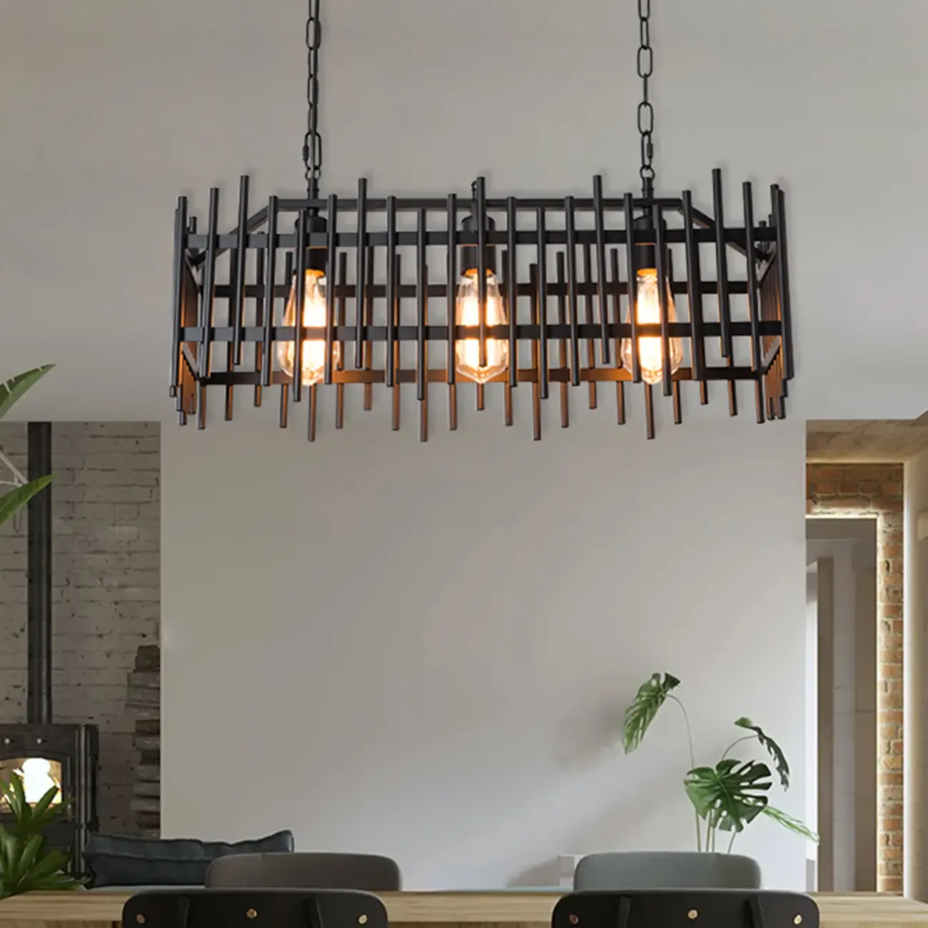Industrial Rectangle Black 4-Light Kitchen Island Light