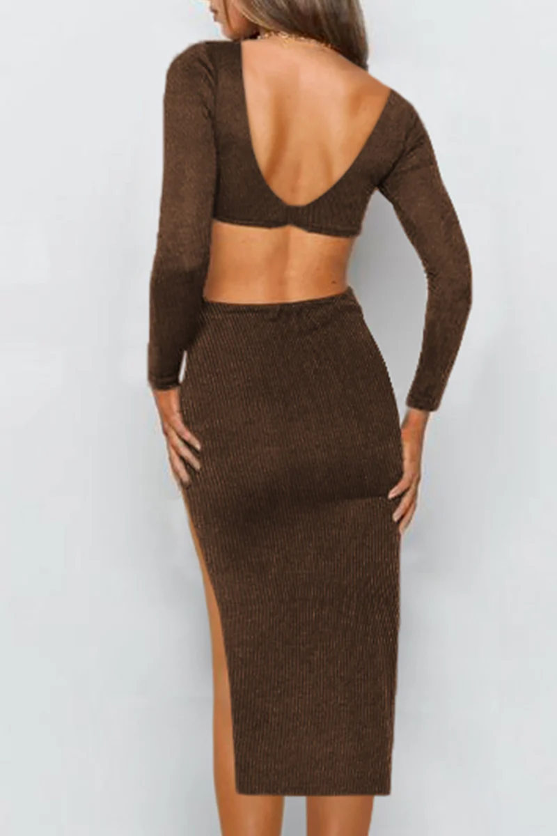 hulianfu Elegant Solid Hollowed Out Backless Slit V Neck Pencil Skirt Dresses - Deanwangkt