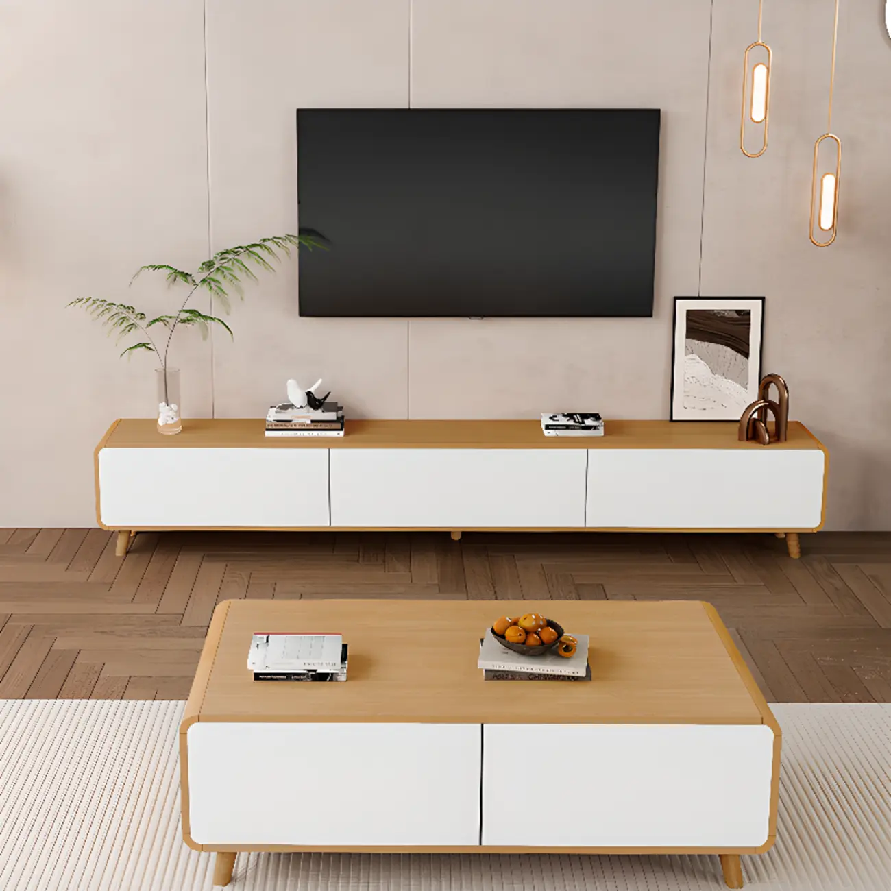 Modern Wood TV Stand with Drawers and Cable Management