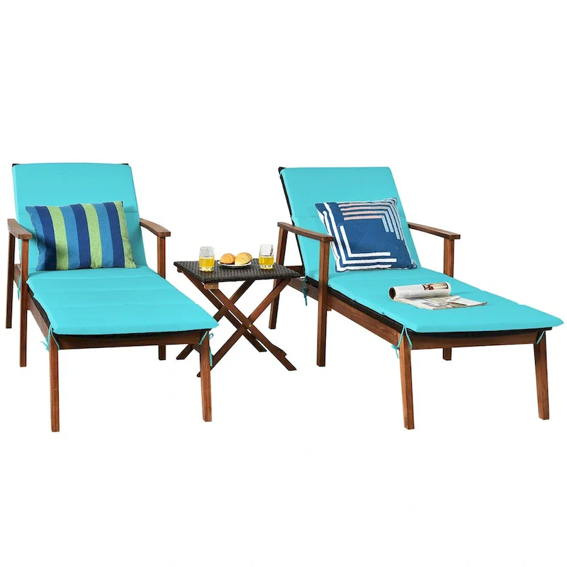 Costway 3PCS Patio Rattan Lounge Chair Folding Table Set Chaise Wood