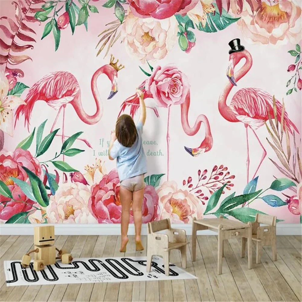HULIANFU milofi factory custom wallpaper mural 3d nordic flamingo flower plant background wallpaper mural - Deanwangkt